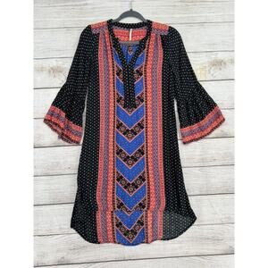 Free People BOHO Print Shirt Dress Womens XS Black Pink Blue V-Neck Lightweight